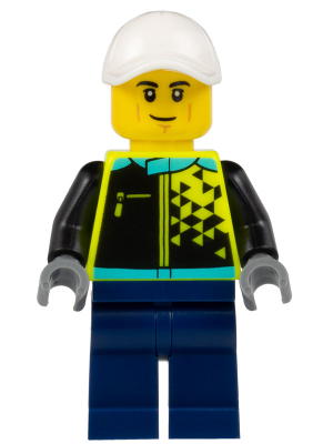 Sports Car Driver - Male, White Cap, Neon Yellow Jacket, Dark Blue Legs (cty1524)