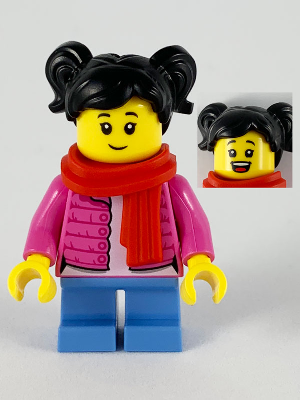 Child - Girl, Dark Pink Puffy Jacket, Medium Blue Short Legs, Black Hair with Pigtails, Red Scarf (hol189)