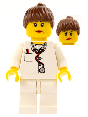 Doctor - Lab Coat Stethoscope and Thermometer, White Legs, Reddish Brown Female Ponytail Hair, Dual Sided Head (doc036)