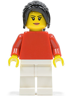 Plain Red Torso, White Legs, Black Hair Ponytail Long with Side Bangs (edu004)