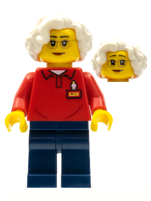 LEGOLAND Park Worker Older Female, Glasses, White Hair, Red Polo Shirt with 'LEGOLAND' on Back and Dark Blue Legs (LLP026)