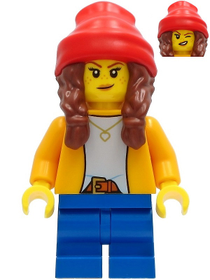 Girl - Bright Light Orange Jacket, Blue Medium Short Legs, Reddish Brown Hair with Braids and Red Beanie (cty1235)