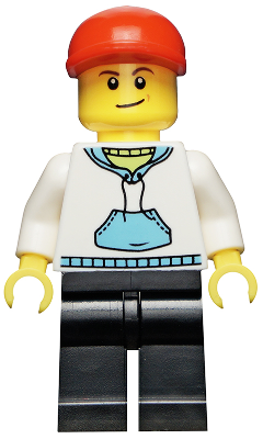 White Hoodie with Medium Blue Pocket, Black Legs, Red Short Bill Cap, Crooked Smile (twn225)