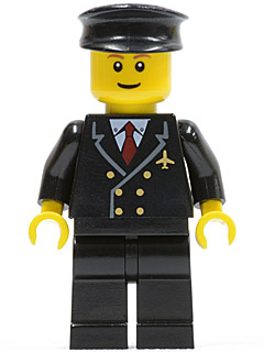 Airport - Pilot with Red Tie and 6 Buttons, Black Legs, Black Hat, Brown Eyebrows, Thin Grin (air022)