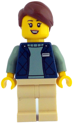 Botanical Garden Manager - Female, Dark Blue Bodywarmer over Sand Green Sweater, Tan Legs, Reddish Brown Hair (idea209)