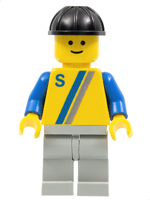 S' - Yellow with Blue / Gray Stripe, Light Gray Legs, Black Construction Helmet (s003)